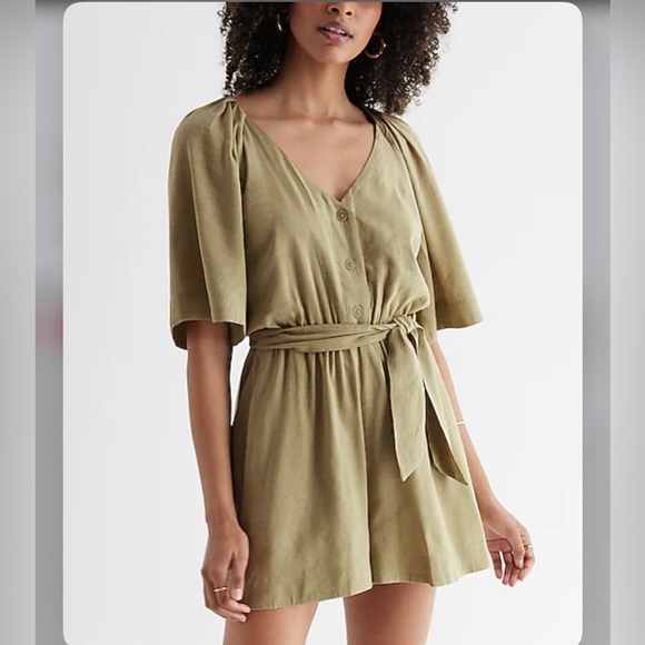 Express linen blend button up tie waist romper - Picture 1 of 16